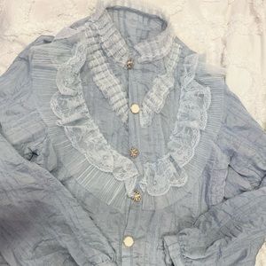Light Steel Blue Lace Trim Button-Up Blouse